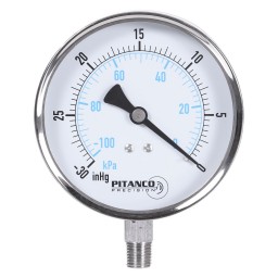 CADRAN VACUUM INOX 4" -30" HG À 0 VAC/KPA - SORTIE 1/4" MNPT AU BAS
