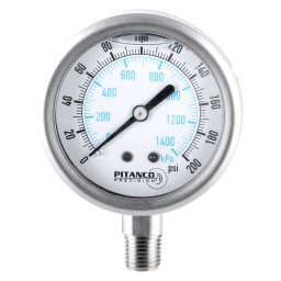 CADRAN PRESSION GLYCERINE INOX - 2 1/2" - 0@200 PSI - SORTIE 1/4" MNPT AU BAS
