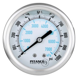CADRAN PRESSION GLYCERINE INOX - 2 1/2" - 0@1000 PSI - SORTIE 1/4" MNPT DERRIÈRE