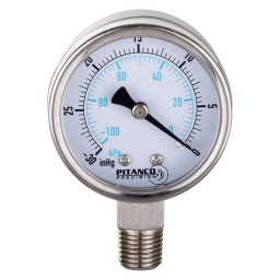 CADRAN VACUUM INOX 2" -30" HG À 0 VAC/KPA - SORTIE 1/4" MNPT AU BAS